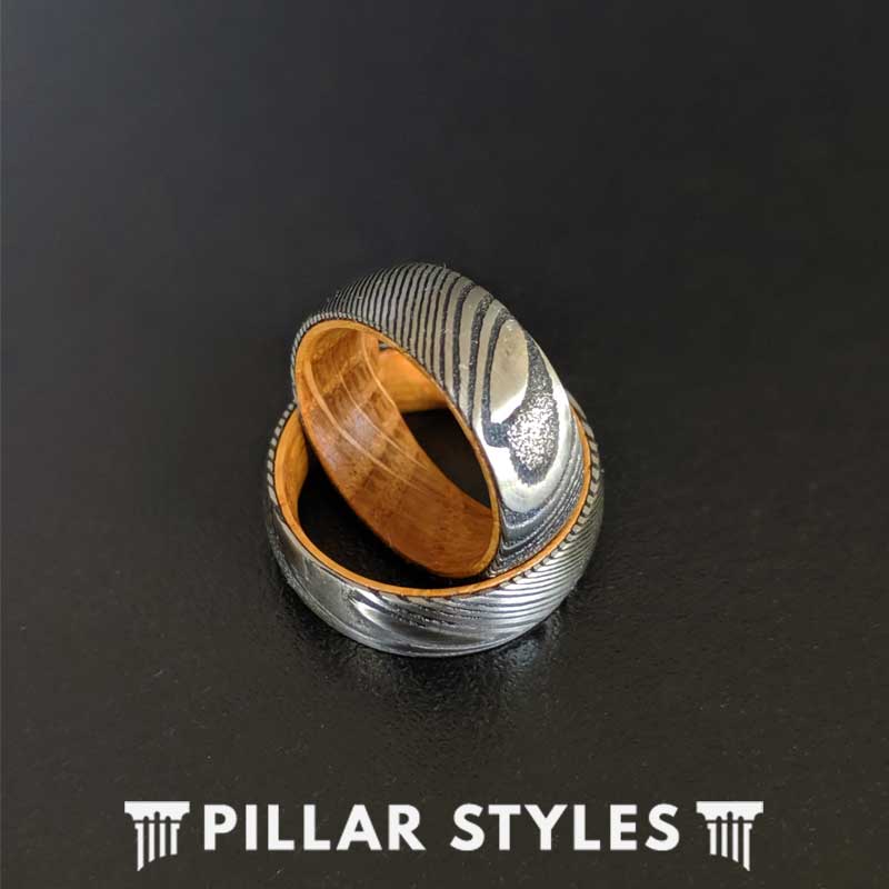 Damascus Ring with Whiskey Barrel Wood Inlay - Whiskey Barrel Rings for Men Damascus Steel Ring - Pillar Styles