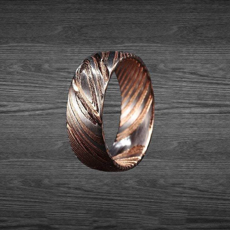8mm Rose Gold Damascus Steel Ring Mens Wedding Band– Pillar Styles