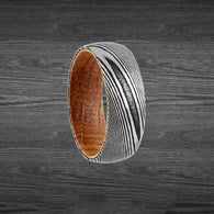 Damascus Steel Ring with Whiskey Barrel Wood Inner Sleeve - 8mm Whiskey Barrel Ring for Men