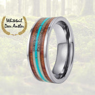 Deer Antler, Koa Wood, & Turquoise Tungsten Ring Hunting Ring