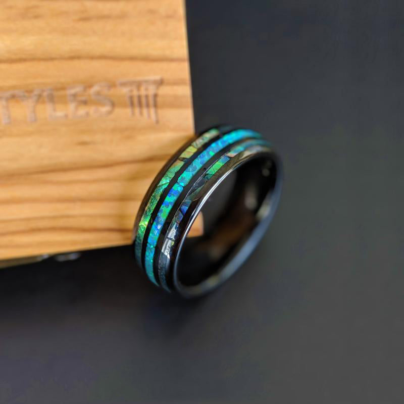 Green Opal Ring Mens Wedding Band Tungsten Ring - Abalone Ring 8mm Unique Mens Ring with Abalone Shell Black Ring
