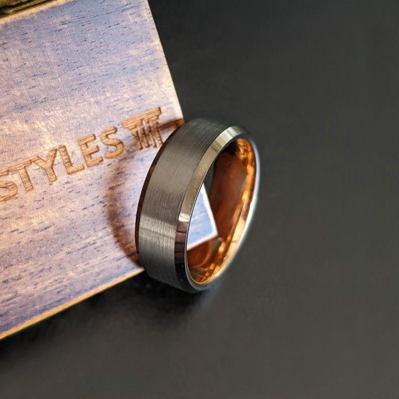 Gunmetal Rose Gold Ring Mens Wedding Band Tungsten Ring Dark