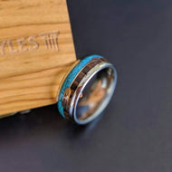 Koa Wood Ring with Turquoise Inlay - Rose Gold Arrow Ring - Tungsten Wedding Bands Mens Ring