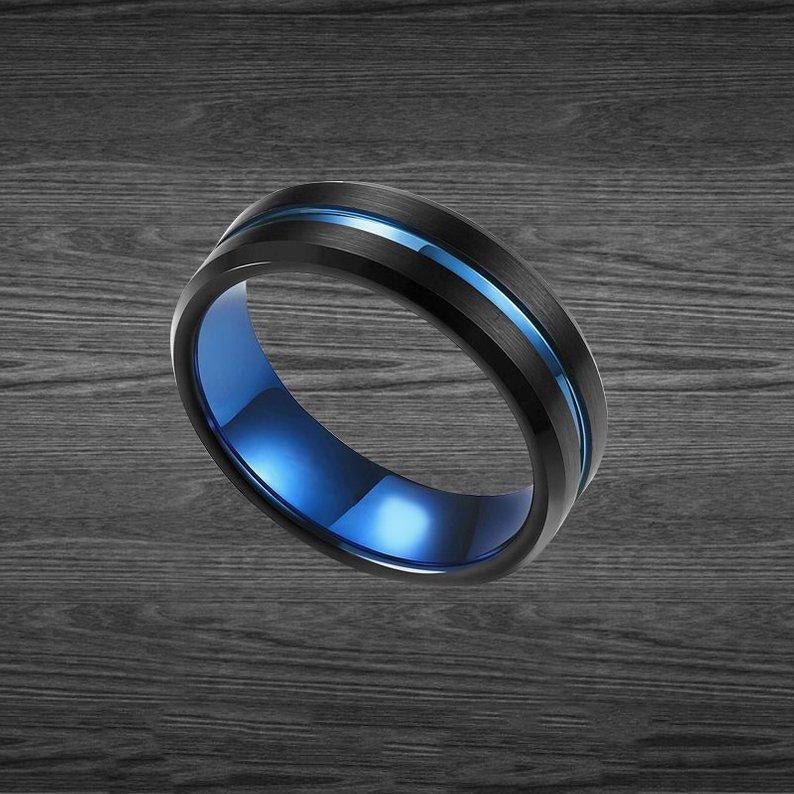 Mens Wedding Band Blue Ring Beveled Black Tungsten Blue Groove