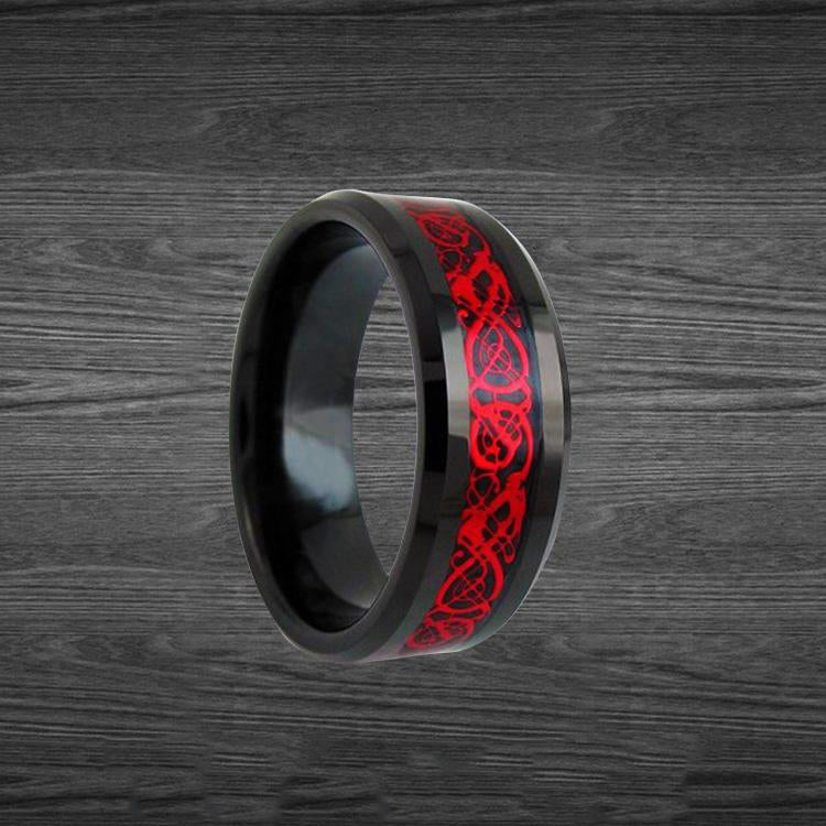 Red Celtic Knot Ring Mens Wedding Band Black Tungsten Ring 8mm Celtic Wedding Rings