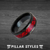 Red Celtic Knot Ring on a Black Tungsten Band - Pillar Styles