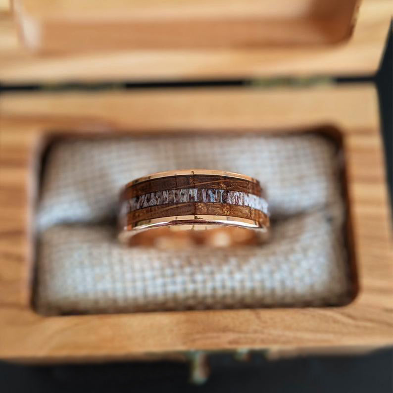 Rose Gold Ring Tungsten Whiskey Barrel Ring Mens Wedding Band Deer Antler Ring - 8mm Bourbon Wood Ring