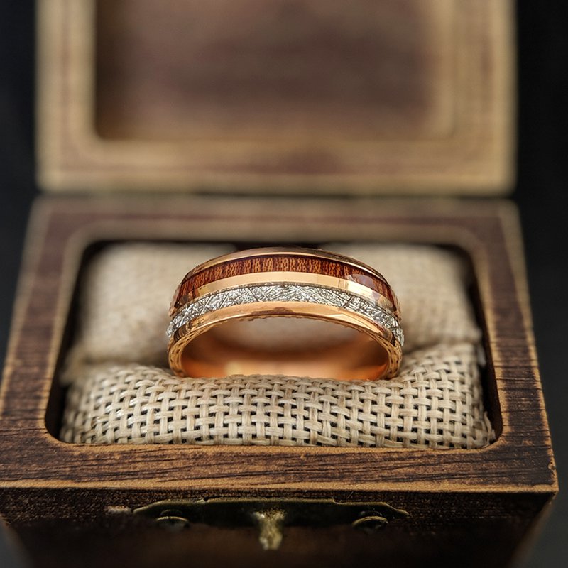 18K Rose Gold Ring Tungsten Meteorite Ring with Koa Wood Inlay Wood Wedding Bands Mens Ring Meteorite Ring Set
