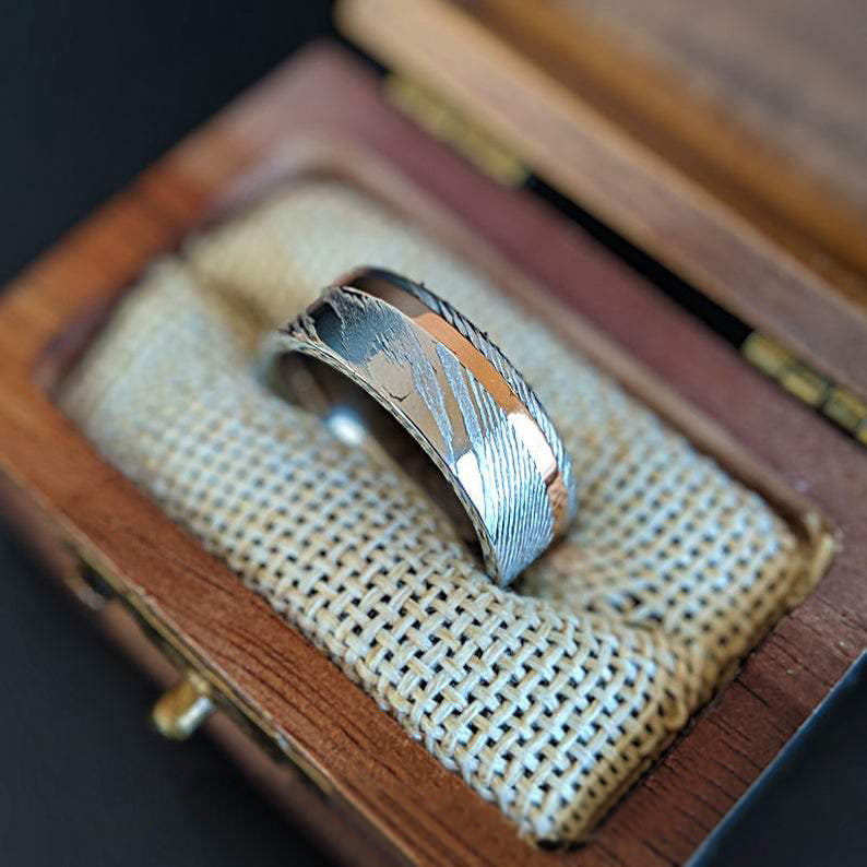 Silver Damascus Ring 18K Rose Gold Damascus Steel Ring Mens Wedding Band - Unique Mens Ring