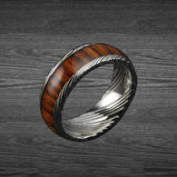 Silver Damascus Steel Ring with Koa Wood Inlay Mens Wedding Band