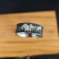 Silver Mountain Ring Mens Wedding Band Forest Tree Ring Unique Tungsten Rings for Men