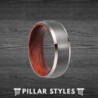 Mens Wedding Band 8mm Silver Tungsten Rose Wood Inlay Ring - Pillar Styles