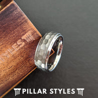 8mm Silver Tungsten Ring Mens Wedding Band Hammered Ring - Unique Mens Ring with Step Edges Brushed Wave Ring