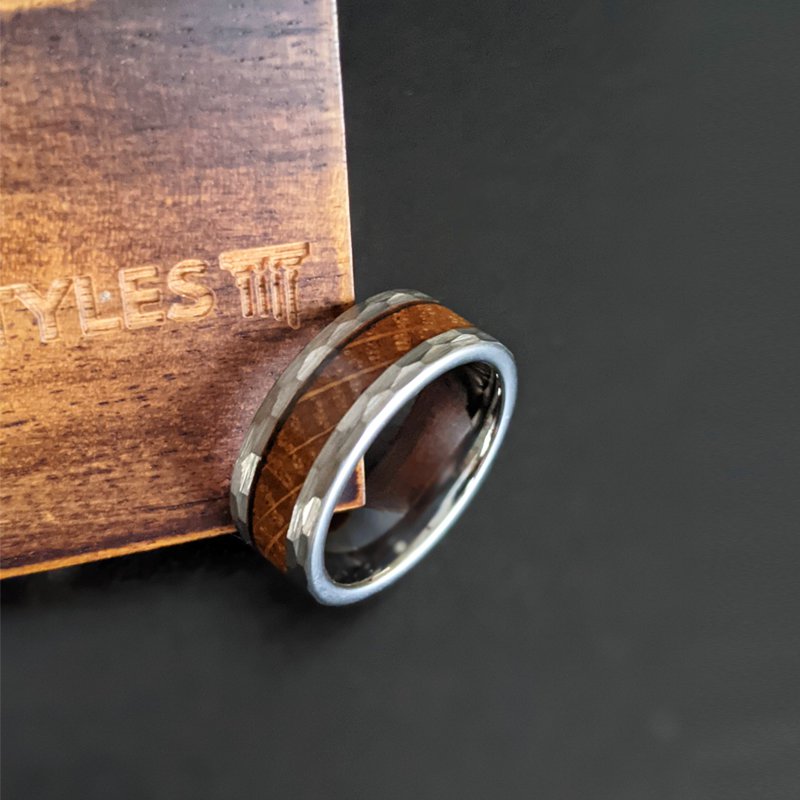 Whiskey Barrel Ring Hammered Wedding Band Wood Ring - 8mm Silver Hammered Ring Mens Tungsten Wedding Band