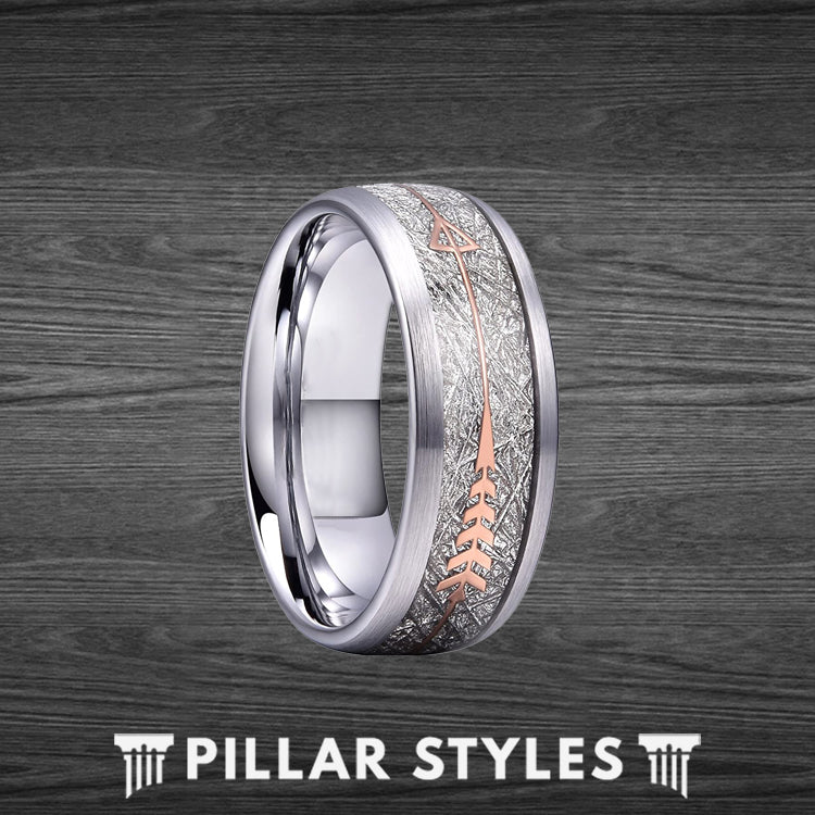8mm Silver Meteorite Ring with Arrow Inlay - Rose Gold Wedding Band Tungsten Rings for Men