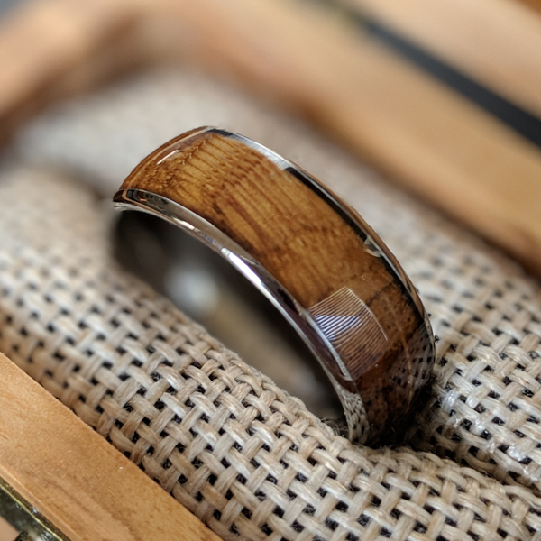 Silver Whiskey Barrel Ring - Mens Tungsten Ring Whiskey Wood Wedding Band Bourbon Barrel Ring - Pillar Styles