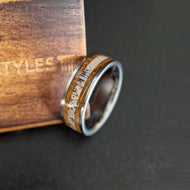 8mm Silver Whiskey Barrel Ring with Antler Inlay Mens Wedding Band Tungsten Ring Bourbon Barrel Rings for Men