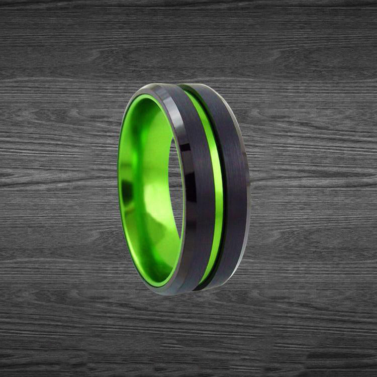 Thin Green Line Ring Mens Wedding Band Tungsten Ring 8mm Black Ring Green Wedding Band Mens Ring Couples Ring Set