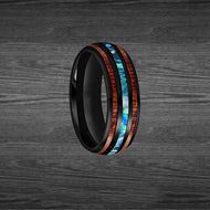 Tropical Abalone Shell & Koa Wood Ring - Black Mens Wedding Band Tungsten Abalone Shell Ring
