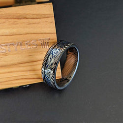 Tungsten Viking Ring Mens Wedding Band Dragon Ring, Damascus Celtic Knot Ring with Carbon Fiber Inlay
