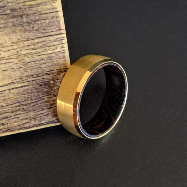 Unique 14K Gold Ring with Wenge Wood Ring Inlay - Gold Wood Ring Mens Wedding Band