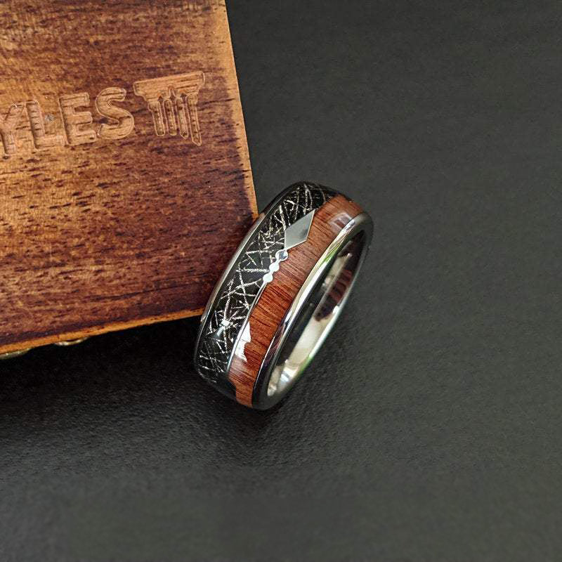 Wood Meteorite Ring Mens Wedding Band Arrow Ring 8mm Wooden Ring for Men Unique Tungsten Ring