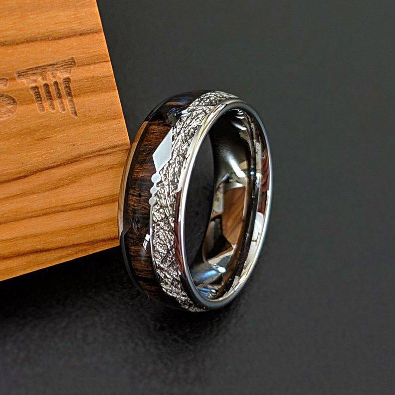 Wood & Meteorite Ring Tungsten Wedding Band Mens Ring Koa Wood Ring with Arrow Inlay