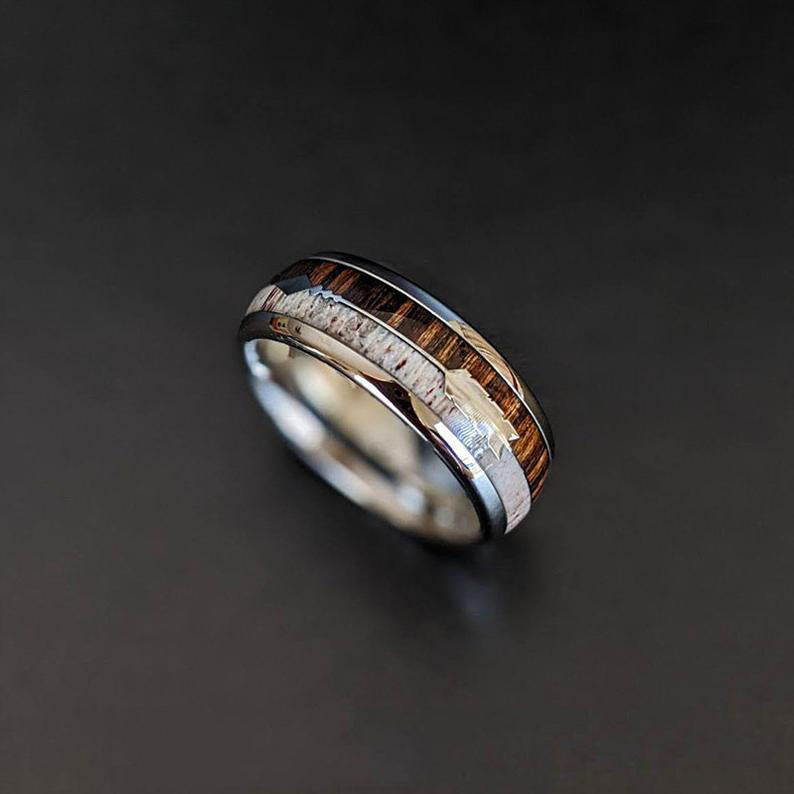 Zebra Wood Ring Mens Wedding Band Antler Ring with Arrow Inlay - Silver Tungsten Rings for Men
