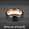 Black Tungsten Ring with 18K Rose Gold Inner Sleeve - Pillar Styles
