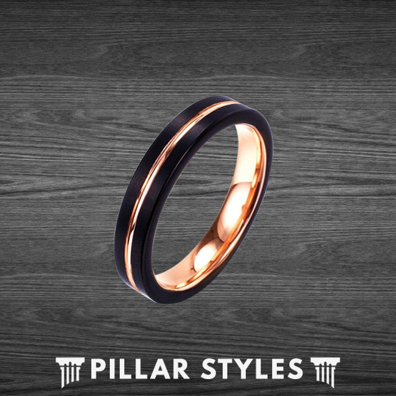 Black Tungsten Wedding Bands Womens Ring 4mm Rose Gold Ring