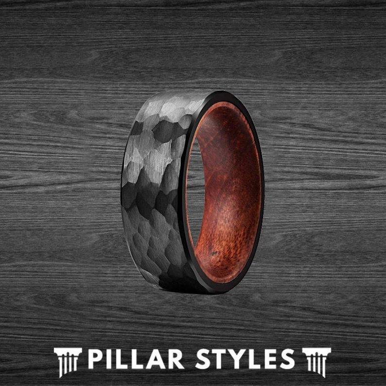 Wooden Ring Tungsten Wedding Band Mens Ring - Koa Wood Ring Black Hammered Ring - Pillar Styles