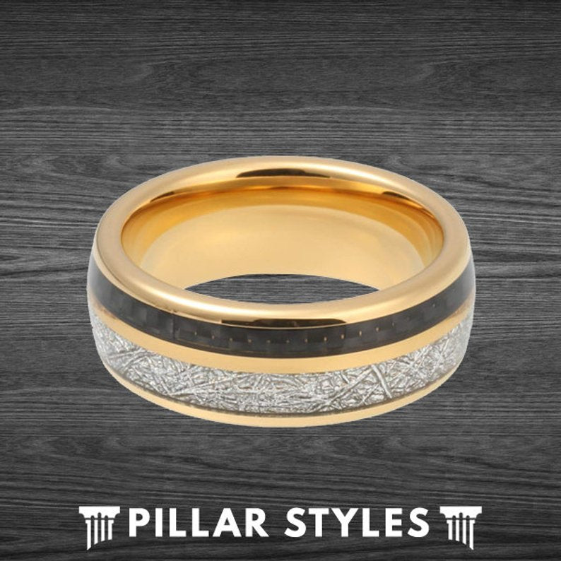 18K Gold Ring Mens Meteorite Ring with Carbon Fiber Inlay Unique