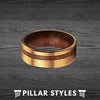 Tungsten 14K Gold Ring with Curly Koa Wood Inlay - Unique Mens Wedding Band - Pillar Styles