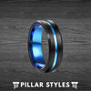 Black Tungsten Wedding Band - Blue Tungsten Ring for Men with Beveled Edges - Pillar Styles