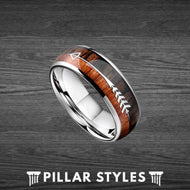 Mens Koa Wood Rings Tungsten Wedding Band with Arrow Inlay - Pillar Styles