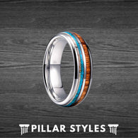 6mm Koa Wood Ring Tungsten Wedding Band Mens Turquoise Ring with Deer Antler Inlay - Pillar Styles
