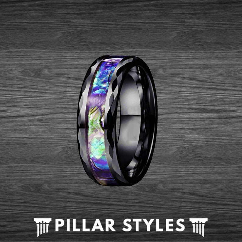 Abalone Hammered Ring Black Tungsten Wedding Band - Pillar Styles