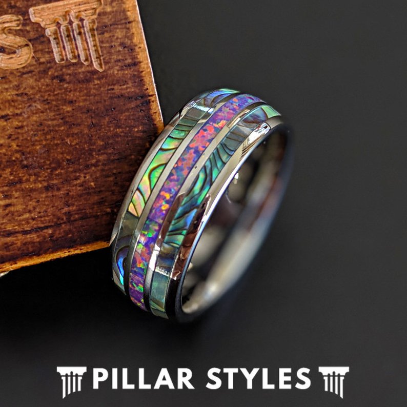 Unique Abalone Ring Mens Wedding Band with Opal Inlay Ring - Pillar Styles