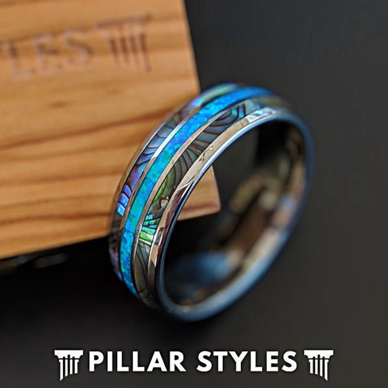 Tropical Opal Wedding Band Mens Ring 8mm Blue Opal Ring Tungsten Wedding Band Abalone Rings for Men