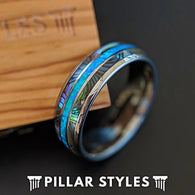 Tungsten Wedding Band Mens Abalone Shell Blue Opal Ring - Pillar Styles
