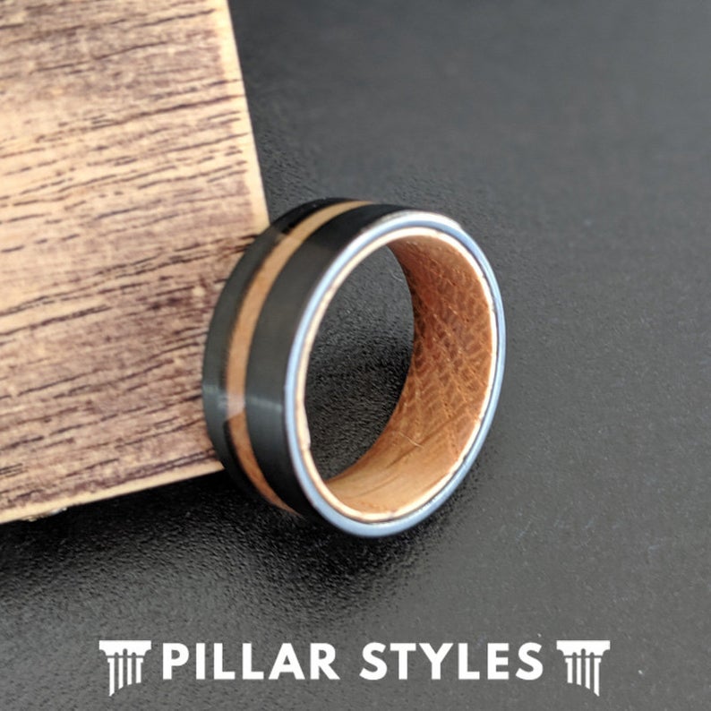 Whiskey Barrel Ring Offset Wood Inlay Ring - Tungsten Wood Wedding Band Mens Ring - Pillar Styles