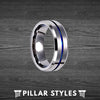 Silver Tungsten Ring Mens Wedding Band Thin Blue Line Ring - Pillar Styles