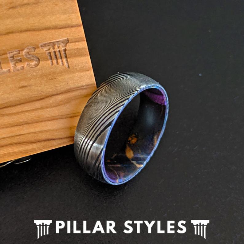 8mm Damascus Ring with Box Elder Wood Ring Mens Wedding Band - Pillar Styles