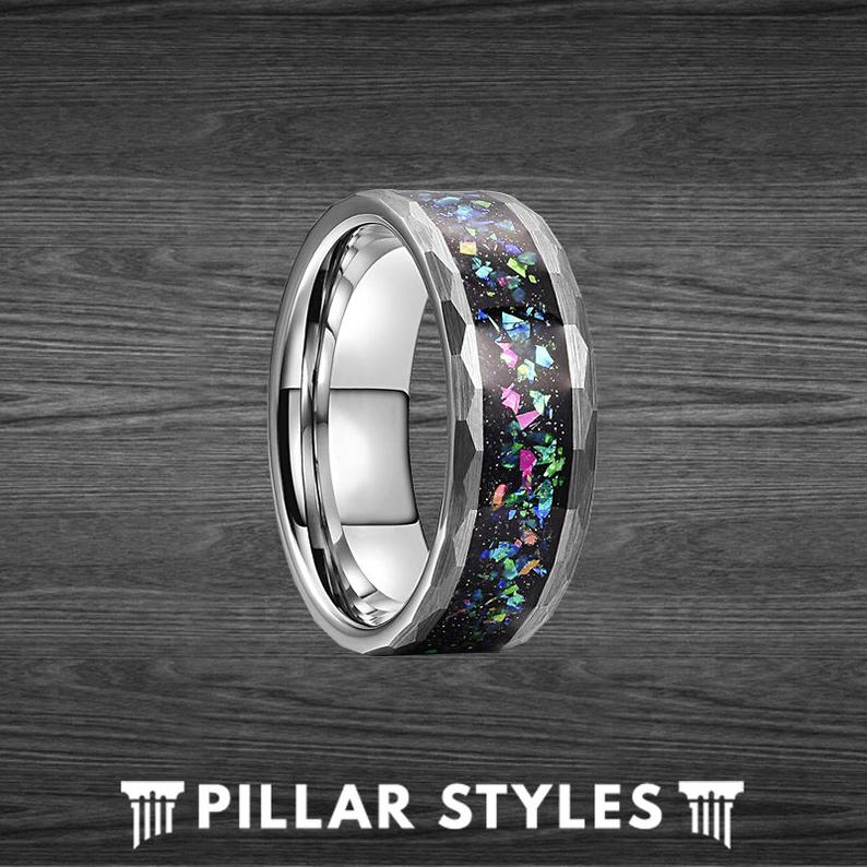 Silver Hammered Tungsten Opal Wedding Band - Pillar Styles