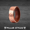 18K Rose Gold Ring Mens Wedding Band Koa Wood Ring - Mens Hammered Ring - Pillar Styles