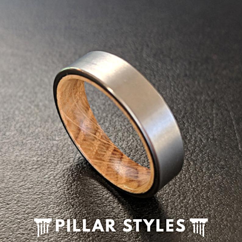 6mm Silver Whisky Barrel Wood Ring Mens Wedding Band Wood Inlay Ring