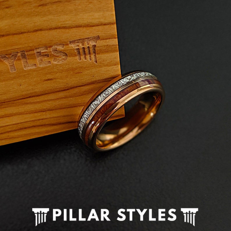 6mm Rose Gold Ring with Meteorite & Wood Inlays - Tungsten Meteorite Wedding Rings - 6mm & 8mm Koa Wood Ring Couples Ring Set - Pillar Styles
