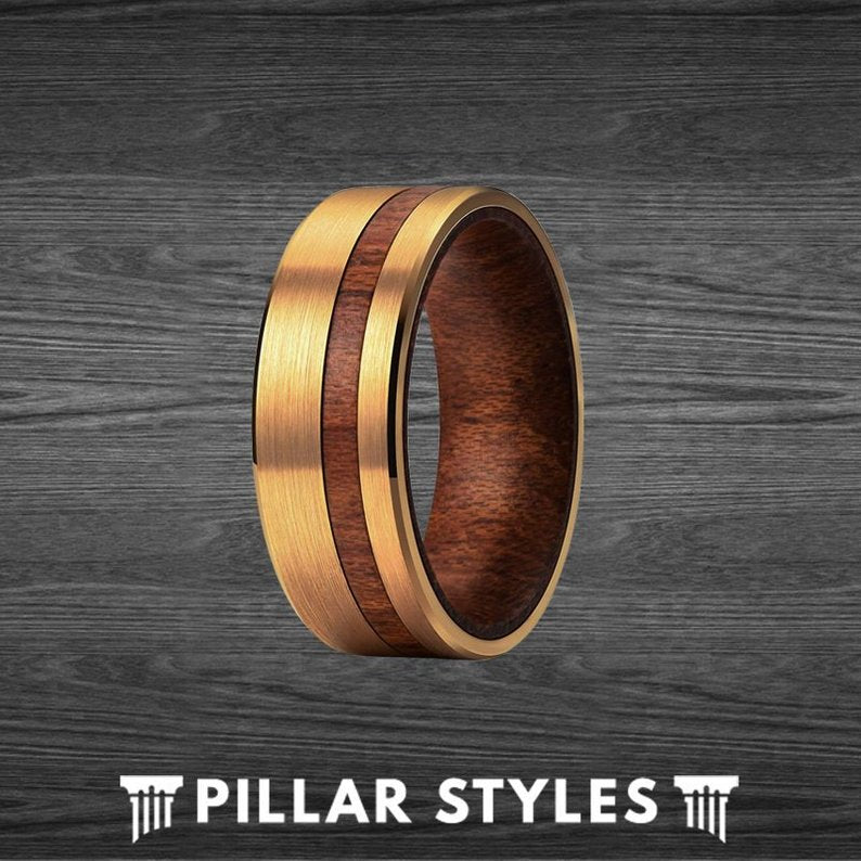 Tungsten 14K Gold Ring with Curly Koa Wood Inlay - Unique Mens Wedding Band - Pillar Styles