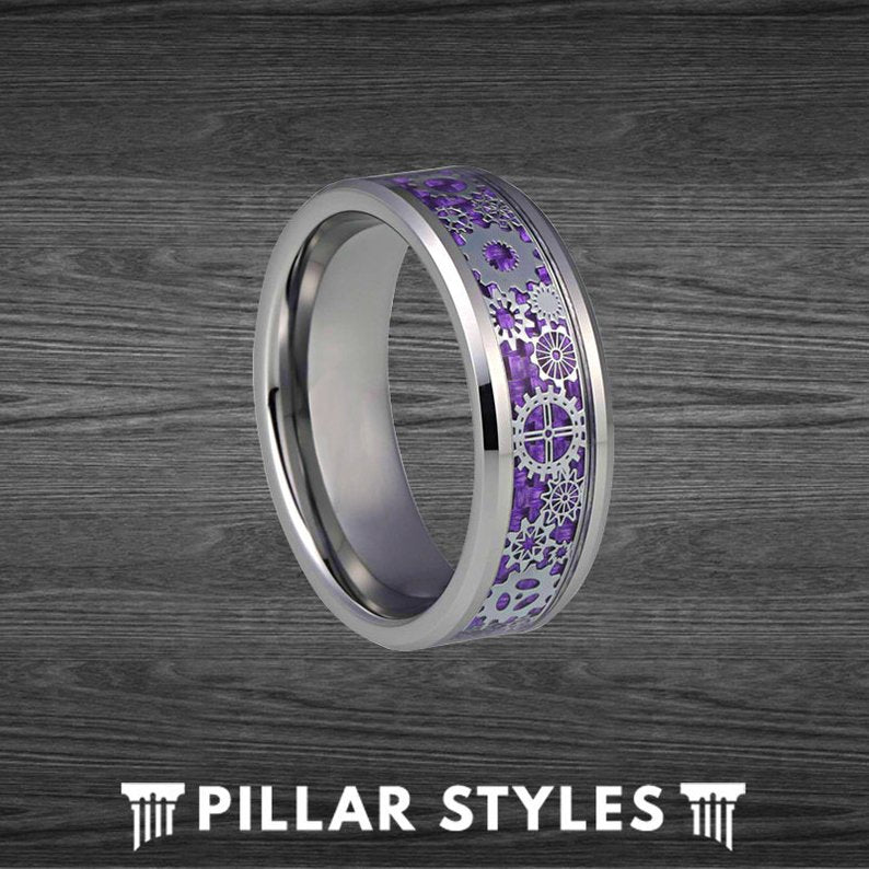 Purple Steampunk Ring Tungsten Wedding Band - Carbon Fiber Ring Gearhead Mechanical Ring - Pillar Styles