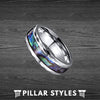 Tungsten Abalone Ring Mens Wedding Band - 8mm Faceted Abalone Shell Ring - Pillar Styles